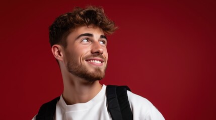 Obraz premium Young Caucasian man with curly hair and beard smiles against a red background. He wears a white shirt and a black backpack.