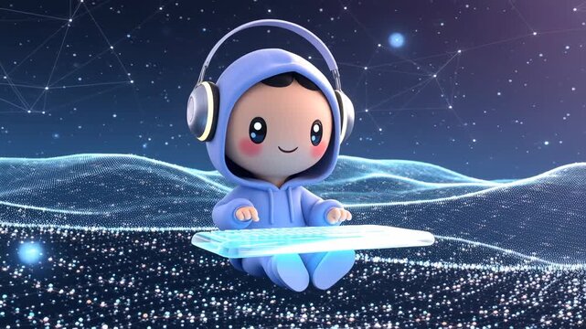 Cute 3D character with headphones typing on a virtual keyboard in a futuristic digital network