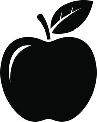 Black silhouette illustration of stylized apple with leaf, symbolizing health, nutrition, nature, and education in minimal graphic design.