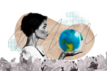 Trend artwork composite image photo collage of ecological system earth planet portrait young lady duckface hand hold globe trash garbage
