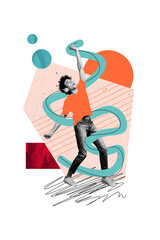 Obraz premium Vertical photo collage of happy american guy wear headphones listen music event weekend relax isolated on painted background