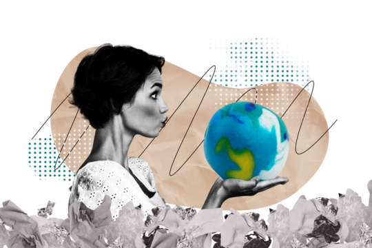 Trend artwork composite image photo collage of ecological system earth planet portrait young lady duckface hand hold globe trash garbage