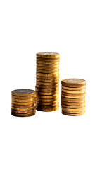 Three stacks of gold-colored coins, varying in height, arranged against a black background