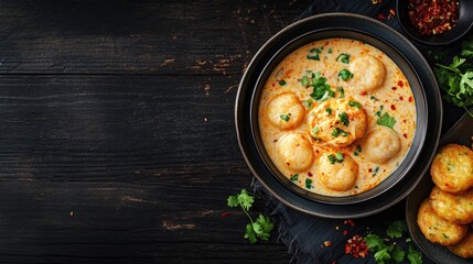 Rustic Thai street food presentation of Tom Yum Goong, with a side of crispy Thai fish cakes on a dark wooden table.