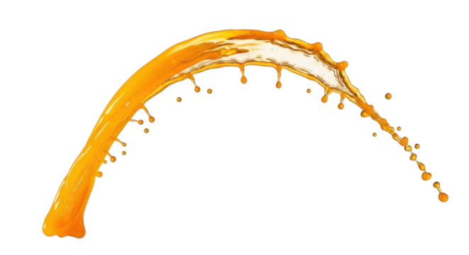 Vivid translucent bright orange liquid splash with suspended droplets and specular highlights captured in a dynamic arc on a transparent background for invigorating beverage advertisement concept