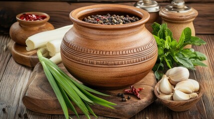 Rustic-style Thai red curry with pork, served in a traditional clay pot, with fresh ingredients like lemongrass and chili in the background.