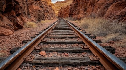 Rusty rail tracks disappearing into darkness, deep inside an abandoned mine tunnel with jagged rock formations.