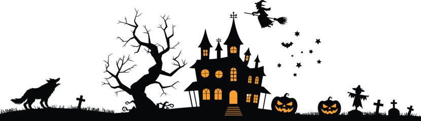 Halloween silhouette illustration, haunted house witch jack-o'-lanterns scarecrow wolf graveyard bats white background, spooky festive design, vector clipart