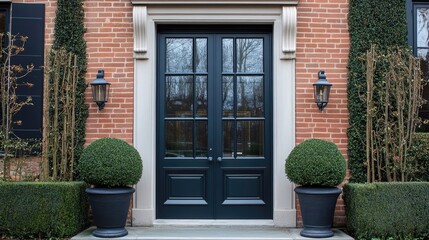 Scandinavian-style door with glass paneling and symmetrical low-profile potted plants