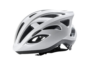 A sleek, white bicycle helmet with extensive ventilation, showcasing a modern aerodynamic design and in-mold construction