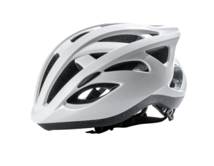 A sleek, white bicycle helmet with extensive ventilation, showcasing a modern aerodynamic design and in-mold construction