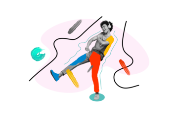 Creative image collage young cheerful man dance party disco celebrate holiday painted outfit headphones music listener meloman playlist