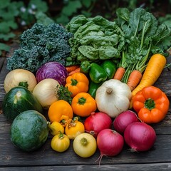 Overhead shot of a wooden table filled with freshly picked organic vegetables from the garden, ready to be prepared