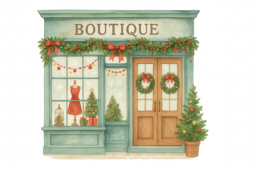Boutique storefront decorating for christmas holiday with festive garland, wreaths, trees, and gift boxes