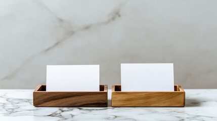 Two wooden business card holders with blank cards on a marble surface. The holders are of different shades, showcasing a minimalist design.