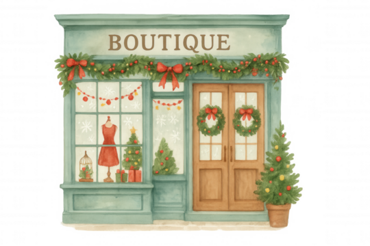 Boutique storefront decorating for christmas holiday with festive garland, wreaths, trees, and gift boxes