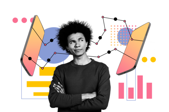 Composite collage artwork image picture of minded guy smart phone screen graphics isolated on creative background