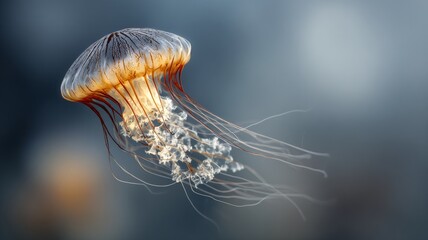 jellyfish dome viewed from beneath, translucent tendrils and glowing bioluminescence