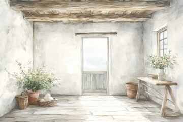 A rustic interior scene, bathed in soft sunlight, displays a simple room with wooden beams, a weathered door, and potted plants.