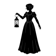 Fototapeta premium Vintage woman silhouette holding lantern in elegant retro dress, gothic mysterious lady symbol with light in night darkness, classic decorative vector illustration artwork style