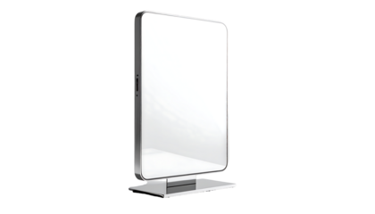 Sleek, rectangular mirror with a modern, silver frame and small, minimalist base.  Bright, clear reflection