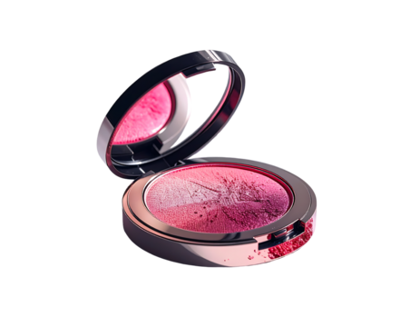Partially open round pink and purple blush compact with a metallic silver and dark rim, showcasing a gradient of shades