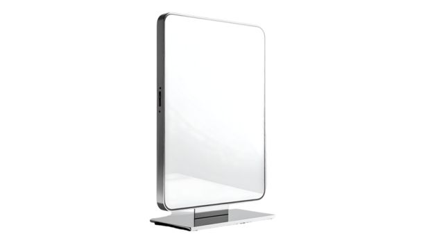 Sleek, rectangular mirror with a modern, silver frame and small, minimalist base.  Bright, clear reflection