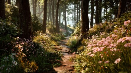 Fototapeta premium A stone path winds through a lush forest with pink and white wildflowers. Use as background or to illustrate natural beauty or a fairy tale.