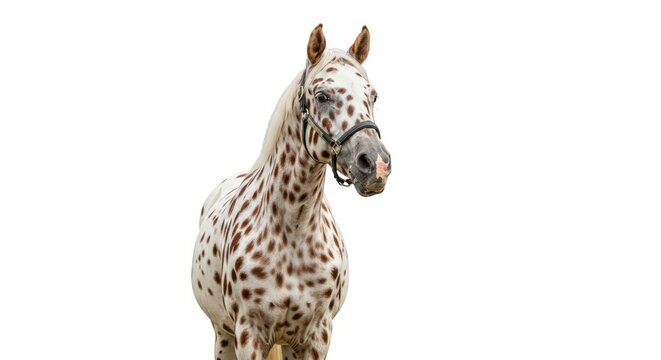 A beautiful spotted horse, likely an Appaloosa or Knabstrupper, wearing a halter and isolated against a plain white background.