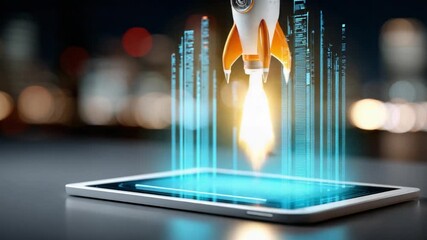 Digital Launchpad: A stylized rocket blasts off from a digital tablet, symbolizing technological innovation, business growth, and the power of future potential.