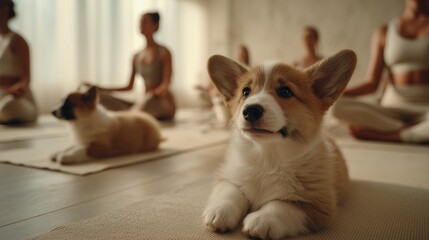 A group of people practicing yoga in a serene environment. Two small corgi puppies are lying on mats. The atmosphere is calm and peaceful.
