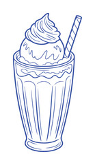 Blue Line Art of a Delicious Ice Cream Sundae with a Straw