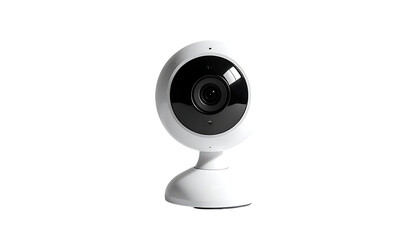 A sleek, white, dome-shaped security camera with a wide-angle lens sits on a small, circular base against a black background
