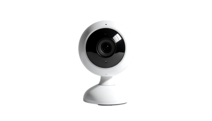 A sleek, white, dome-shaped security camera with a wide-angle lens sits on a small, circular base against a black background
