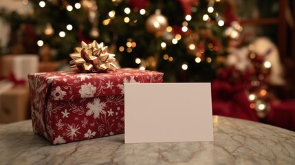 A beautifully wrapped Christmas gift with a gold bow sits on a marble table. A blank card is placed beside it, with a decorated Christmas tree in the background.