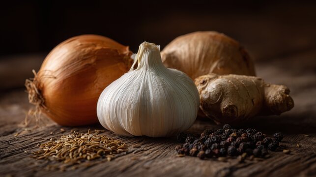 A collection of fresh vegetables including white garlic, brown onions, and ginger root, accompanied by black pepper and cumin seeds on a wooden surface.