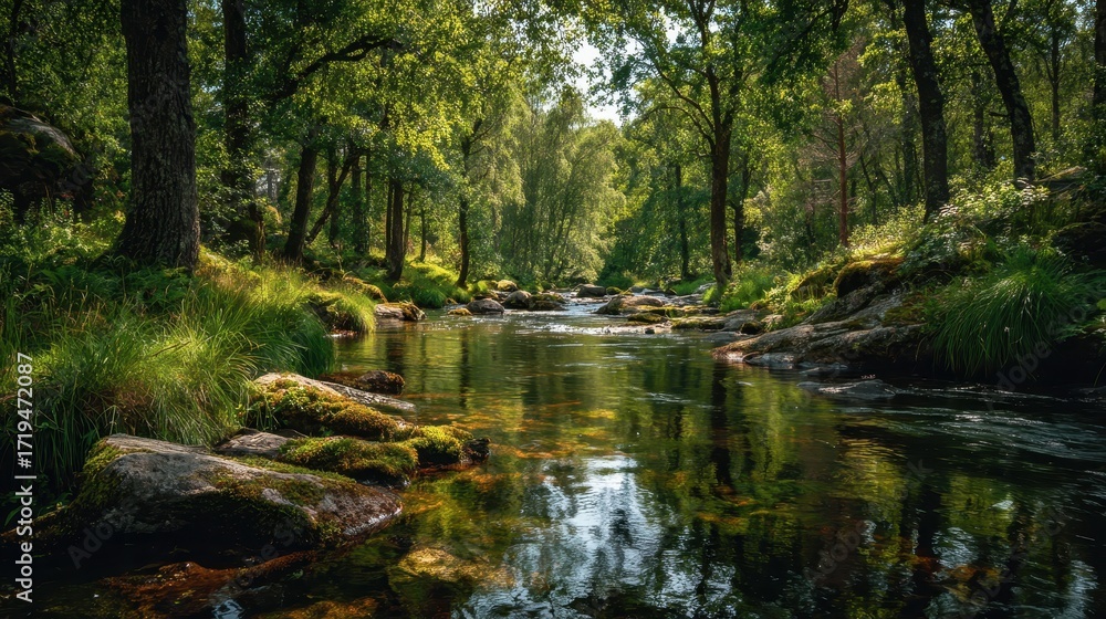 Poster a river flows through a lush green forest with light filtering through the trees. use this tranquil 