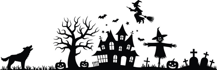 Halloween silhouette illustration, haunted house witch wolf pumpkin graveyard bat, spooky black design, scary holiday graphic, eerie festive vector clipart