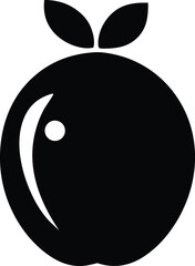 Simple black silhouette icon of a fresh ripe orange fruit with stem and leaves symbolizing citrus and healthy eating