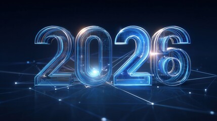 A futuristic representation of the year 2026 with glowing blue numbers against a dark background. The design features a network of light connections.