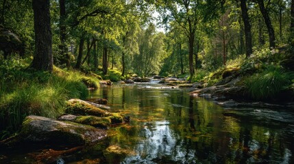 A river flows through a lush green forest with light filtering through the trees. Use this tranquil scene for nature, environment, or relaxation-themed projects.