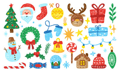 Crayon drawing christmas elements. Winter holidays toys gifts accessories. Isolated colored pencil drawn xmas and new year neoteric vector set