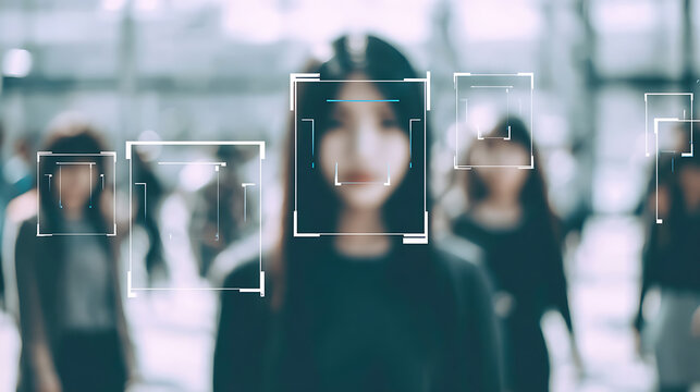 Facial recognition technology scanning multiple individuals in a public space - Powered by Adobe