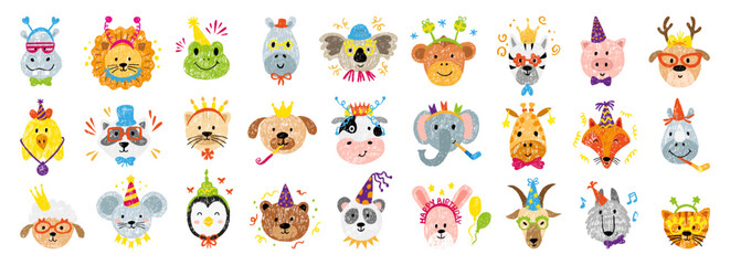 Hand drawn birthday animal faces. Animals avatars with festive accessories, confetti, paper cones, crown. Crayon drawing childish neoteric vector characters