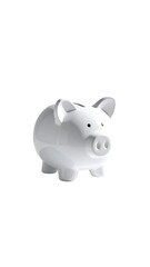 A simple, white, cartoonish piggy bank, viewed from the side, against a black background.  Its design is smooth and minimalist