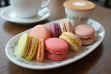 Multicolored French macarons in a plate on a table in a cafe, next to a cup of cappuccino with a pattern.