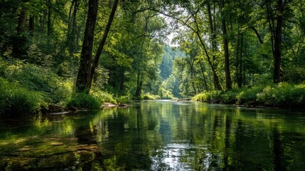 Still river flows through a lush green forest on a sunny summer day. It can be used for relaxation, nature, or a scenic travel destination.