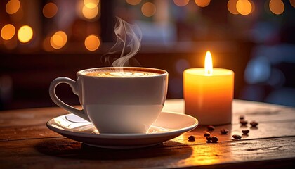 Obraz premium Steaming Coffee Beside Glowing Candle on Wooden Table in Warmly Lit Room with Bokeh Background