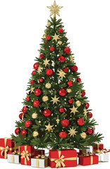 Decorated Christmas tree with golden star, red ornaments, and wrapped gifts—festive holiday illustration for seasonal design and celebration themes.