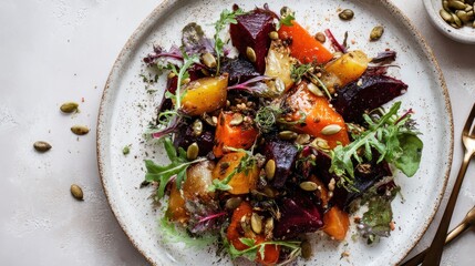 Minimalist photo of a colorful vegetarian salad with roasted root vegetables and pumpkin seeds. Healthy, wholesome and seasonal, styled with rustic charm